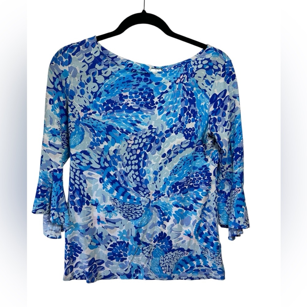Lilly Pulitzer XS Blue Abstract Print Bell Sleeve Boat Neck Keyhole Back Top